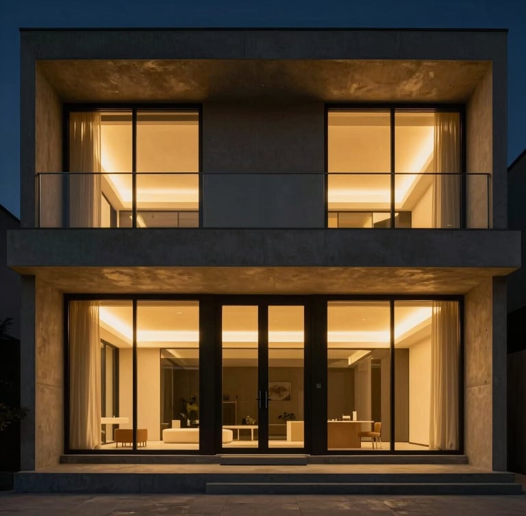 Symmetrical architectural shot of a minimalist luxury villa facade, clean concrete lines, warm golden light reflecting on glass, 35mm lens