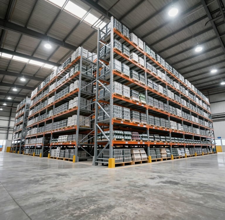 Low angle shot of a massive industrial food warehouse with clean concrete flooring and high-tech steel racks, bright industrial lighting