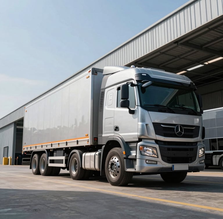 Low-angle professional editorial photograph of a heavy-duty logistics fleet truck parked beside a modern steel warehouse, sharp daylight, deep shadows and metallic tones