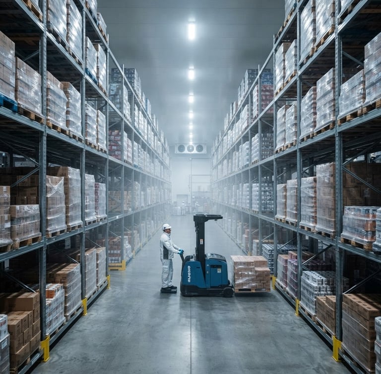 Wide-angle architectural interior of a highly organized, sterile industrial food storage facility, stainless steel shelves, bright crisp lighting, cool temperature mist, professional editorial photography