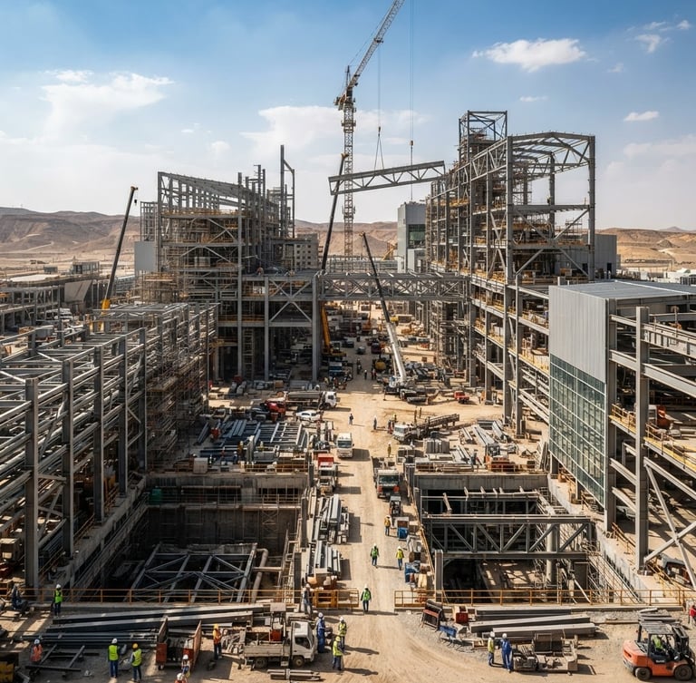 Wide environmental shot of a modern industrial construction site in Saudi Arabia, steel structures, high-contrast daylight, clean architectural framing
