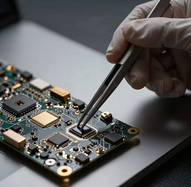 Extreme close-up of gloved hands using precision tweezers on a dark metallic MacBook logic board, high-contrast studio lighting, gold accents reflecting light.