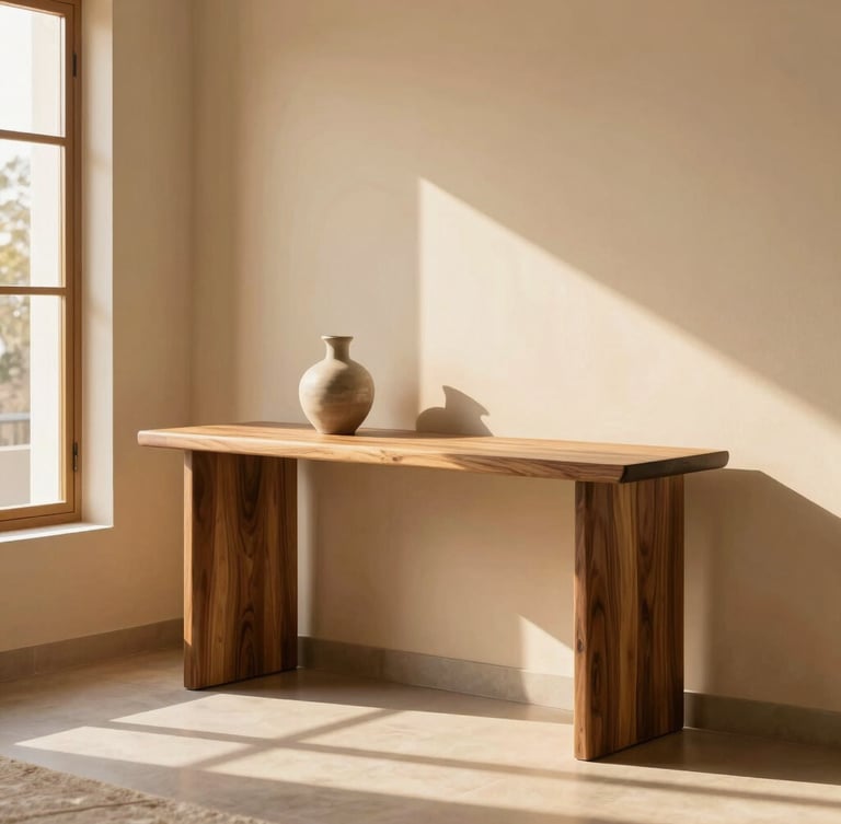 A bright, airy modern Pakistani living room with soft golden-hour light streaming in. In the center, a hand-finished solid walnut console table sits elegantly against a warm beige wall. Minimalist decor items like a ceramic vase are placed on top.