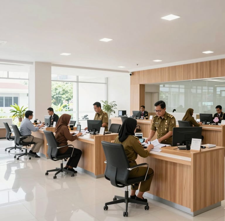 Bright natural daylight interior of a modern government service hall in Semarang, clean minimalist wooden service desks, friendly officers in neat uniforms helping citizens, wide angle high-readability composition