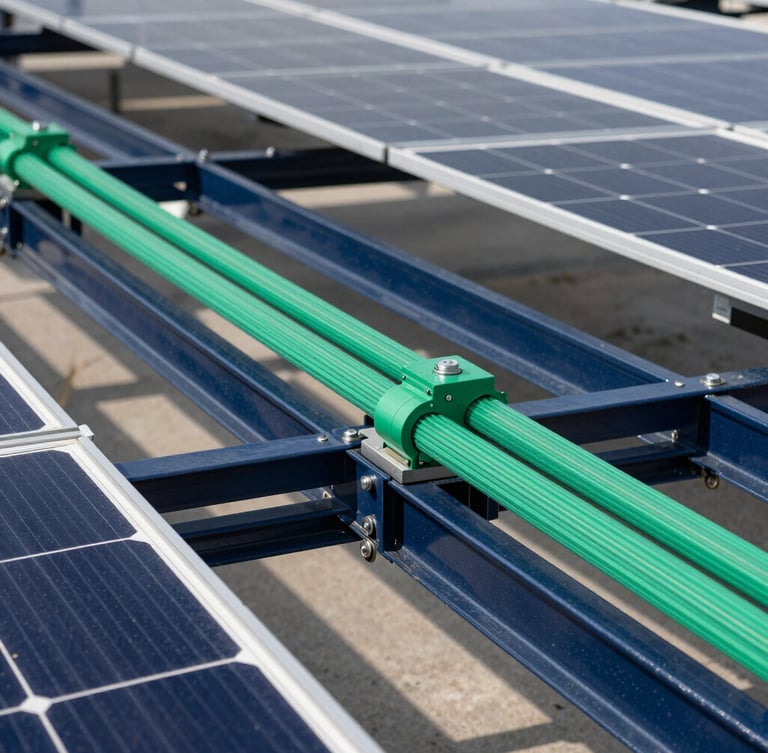 Crisp industrial photography, bright daylight, close-up of a clean industrial solar panel installation with deep navy steel frames and emerald green wiring details, sharp focus, 35mm