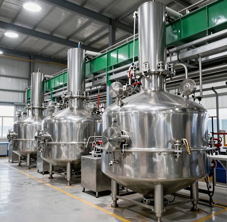 Crisp industrial food processing facility daylight view, clean modern stainless steel equipment, high-contrast architectural lighting, 35mm photography