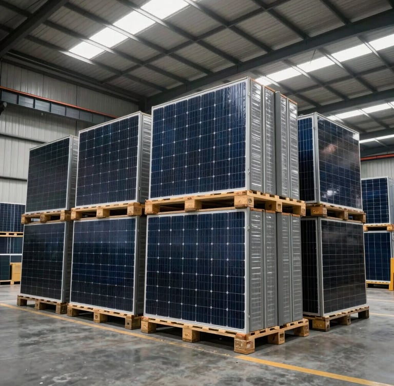 Wide shot of a modern industrial warehouse in India with stacked solar module pallets under clean overhead lighting, ready for transport.
