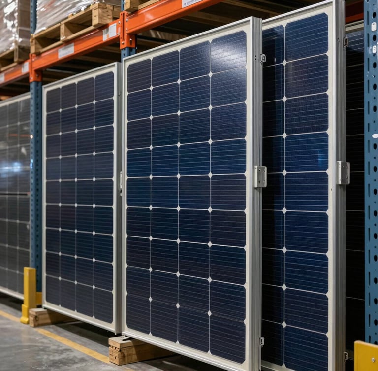 Close-up of high-efficiency Tier-1 solar modules stacked securely in a modern, well-lit regional distribution warehouse, industrial shelving visible.