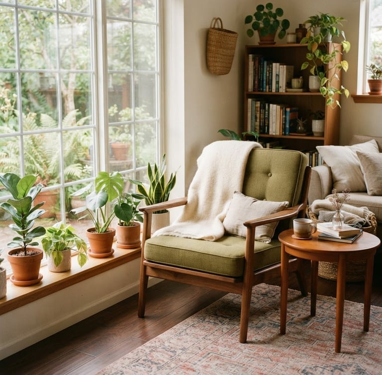 Cozy living room filled with warm natural daylight, a stylish mid-century modern wooden armchair next to a large window with green plants, soft shadows, realistic home environment