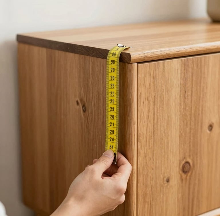 Hands holding a classic yellow measuring tape against the corner of a clean wooden sideboard, soft daylight, realistic domestic texture