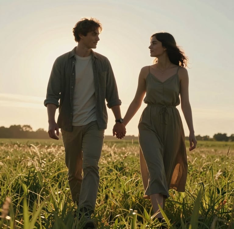 Cinematic portrait of a couple walking hand-in-hand through a sun-drenched meadow, warm backlighting, natural lens flare, low-angle golden hour sun, unposed authentic interaction.