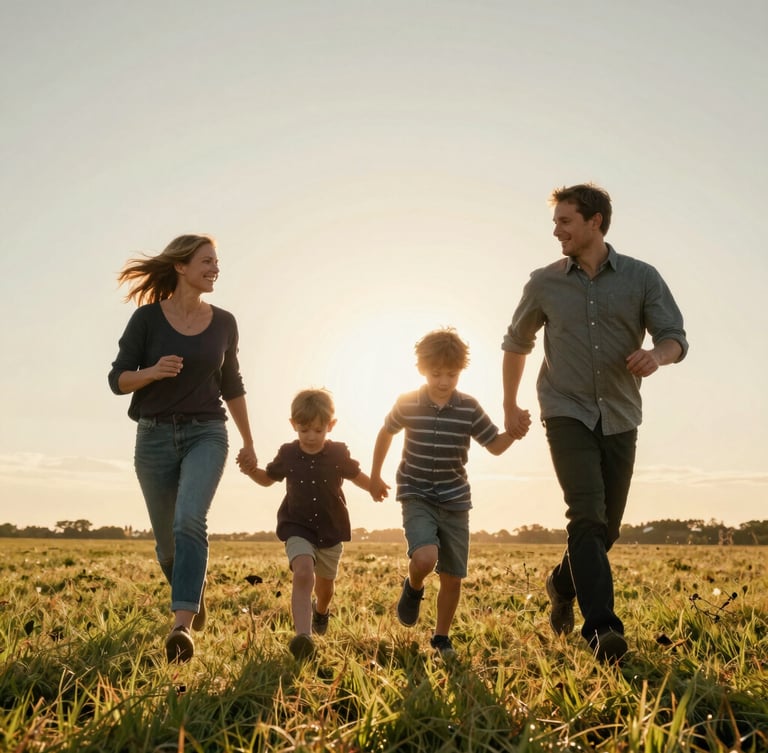 Cinematic portrait of a family running through a sun-drenched field at golden hour, low-angle sun, natural lens flare, warm backlighting, soft shadows.