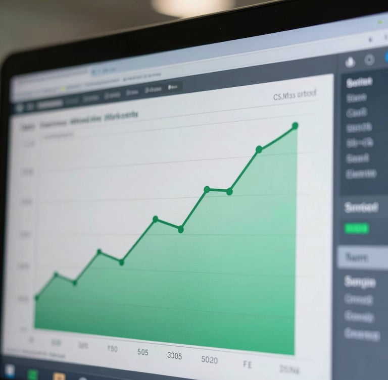 Macro close-up of a real-time digital marketing dashboard showcasing green growth lines and sharp conversion metrics under cool office light.