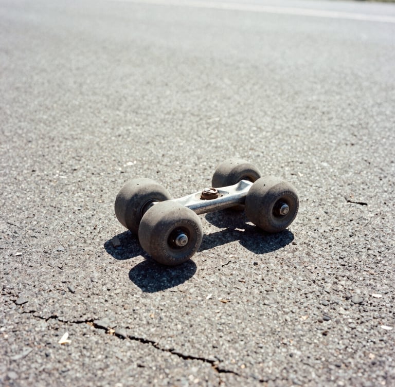 Low-angle gritty documentary shot of worn skate wheels on dusty cracked highway asphalt, harsh midday sun glare, high-contrast desaturated tones