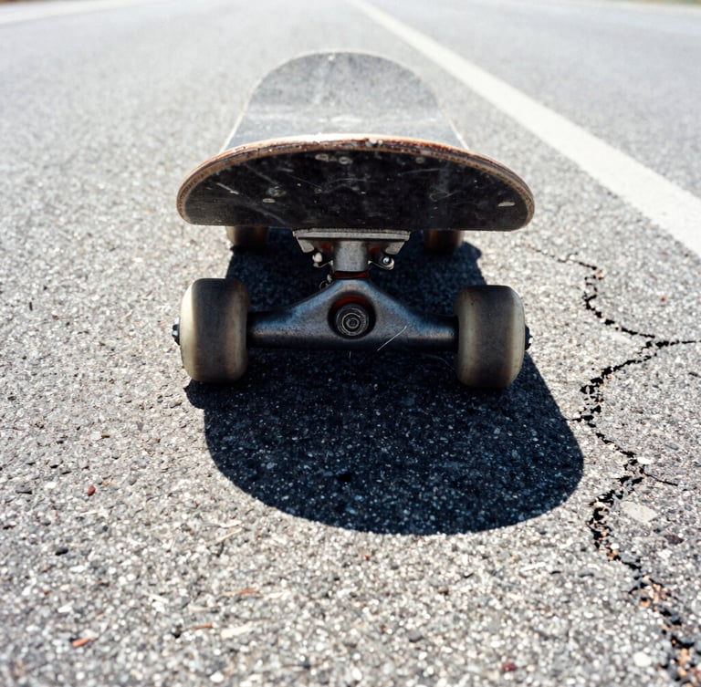 Low-angle close-up of scuffed skateboard wheels resting on a dusty, cracked asphalt highway shoulder, harsh midday sun glare, high-contrast desaturated tones.