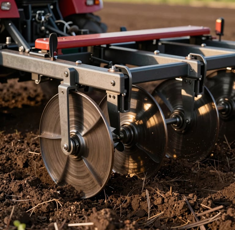 Close-up of modern agricultural seeder discs cutting into dark, rich soil, warm afternoon sunlight, sharp focus on mechanical details.