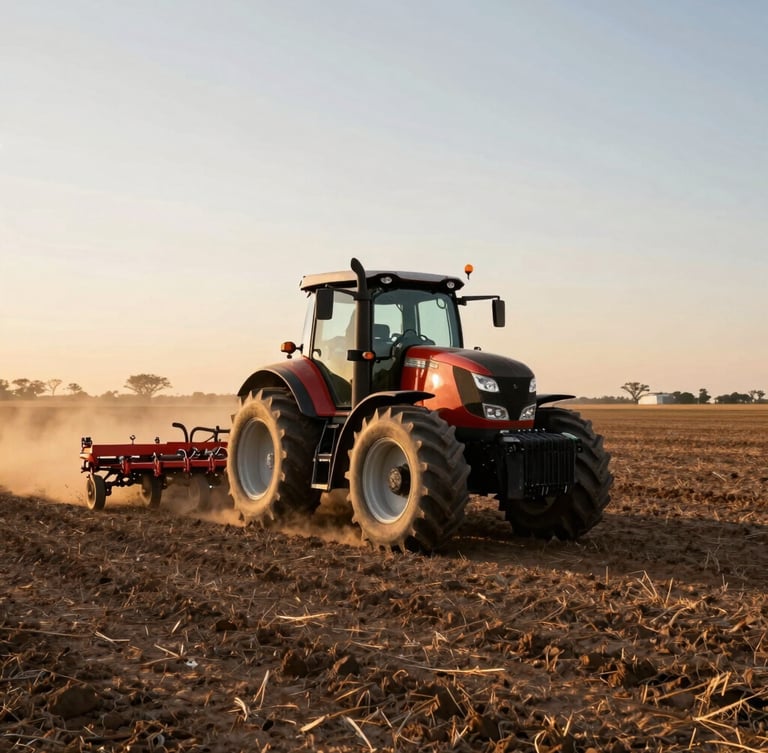 Wide panoramic shot of a modern heavy tractor pulling a high-precision seeder through a flat South American field at golden hour, dust rising behind the machine, warm low-angle sunlight hitting the soil.