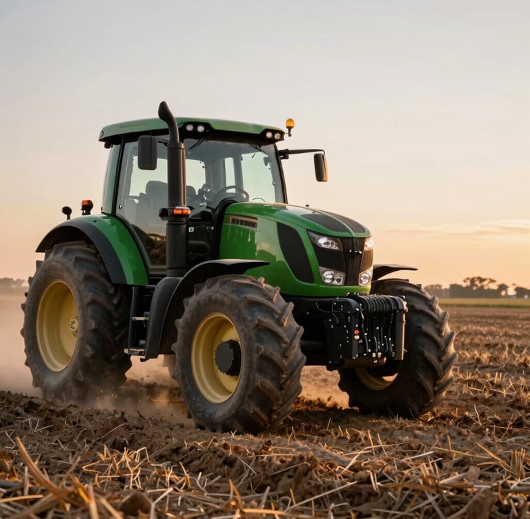 Vista lateral de un tractor moderno verde cruzando un campo de rastrojo al atardecer, polvo dorado suspendido en el aire, enfoque nítido en el neumático trasero y el suelo labrado.