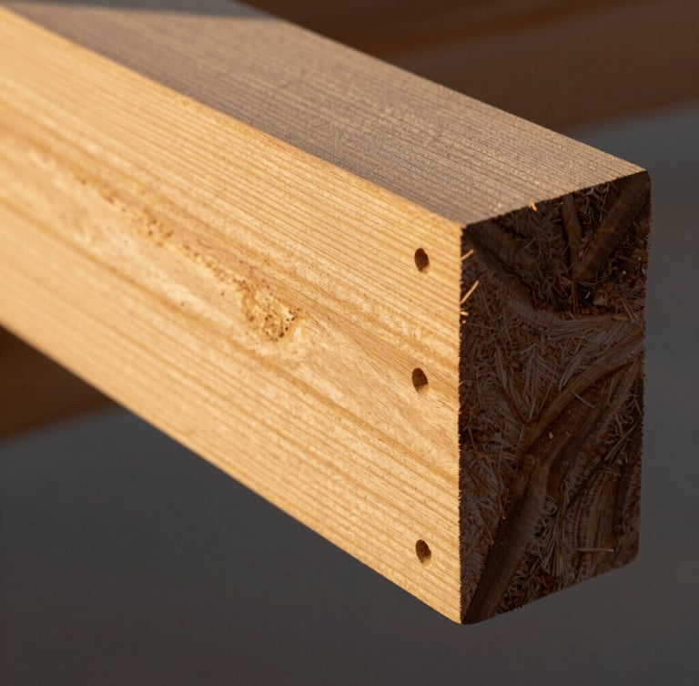 Extreme close-up of a raw steel beam meeting warm seasoned cedar, dramatic shadow cast by low golden hour sun, architectural minimalism.