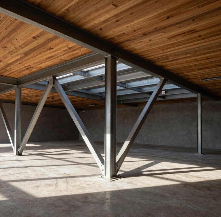 Architectural detail of a steel-framed veranda canopy integrated into a raw timber ceiling, casting sharp linear shadows on a concrete floor.