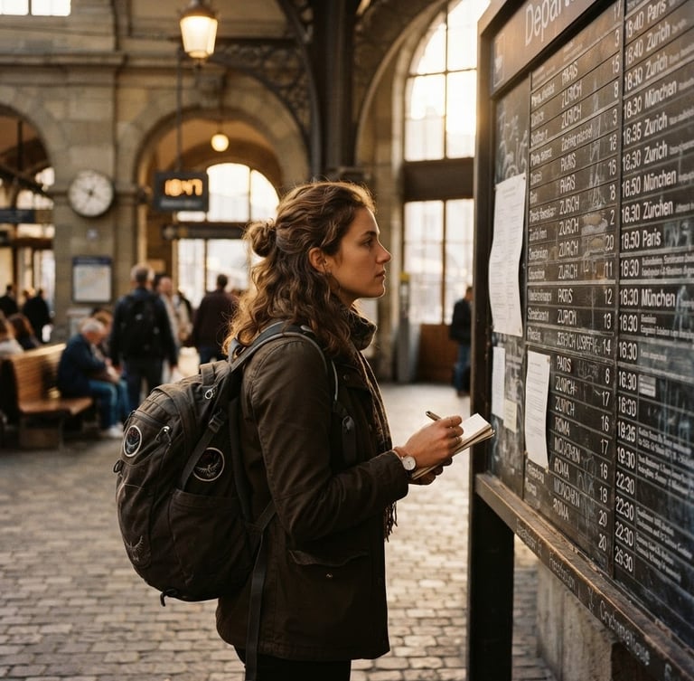 Candid medium shot of a woman with a backpack looking at a train schedule board in a rustic European station, natural golden-hour light, 35mm film grain.