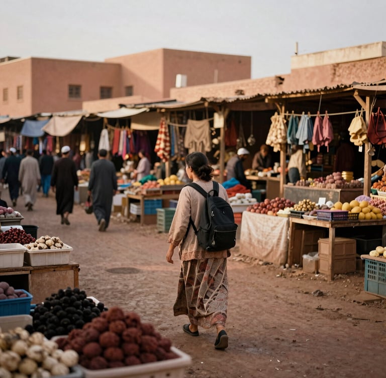 Candid medium shot of a woman with a backpack navigating a bustling local market in Morocco, earthy terracotta tones, natural overcast light, authentic documentary photography.