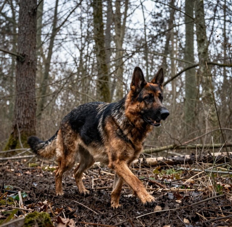 Low-angle dynamic shot of a German Shepherd tracking through muddy forest, high contrast, overcast daylight, 35mm.