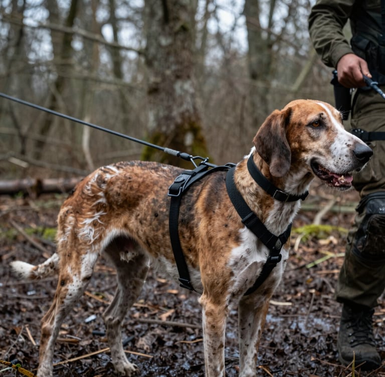 Close-up of a Bloodhound harness and long line held by a tactical handler, muddy forest background, overcast daylight, high-contrast.