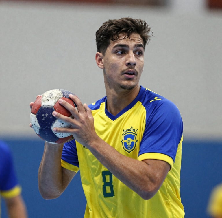 Heroic portrait of a young Brazilian handball player holding a worn leather ball under bright gym light, intense and focused expression, Jundiai team colors on jersey, high contrast, 35mm.