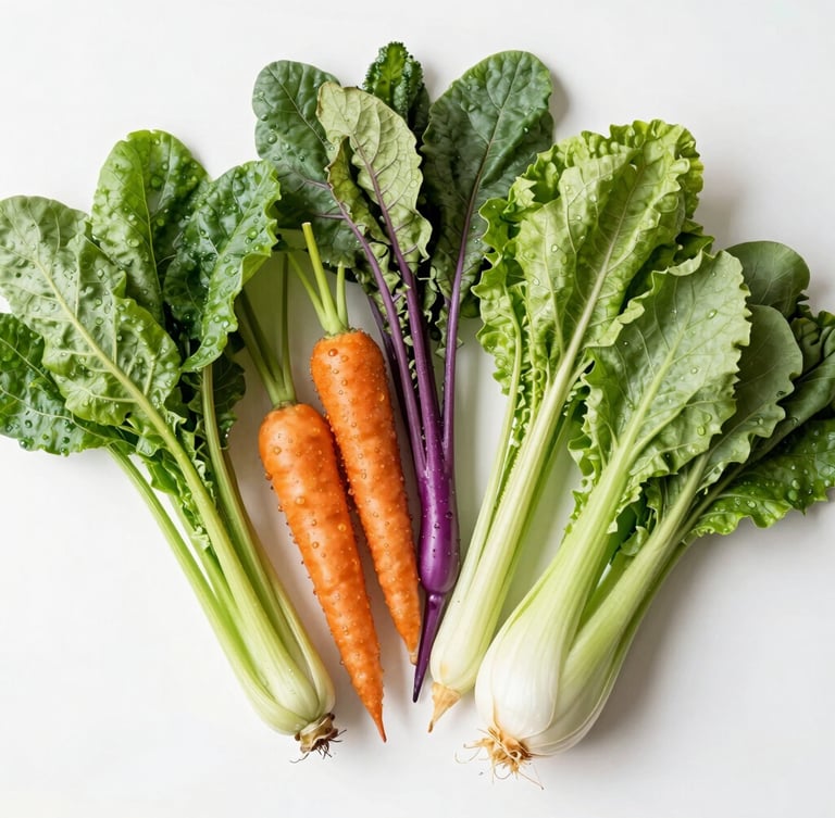 Overhead flat-lay of vibrant, dew-kissed organic vegetables on a clean white surface, bright natural morning daylight, crisp focus