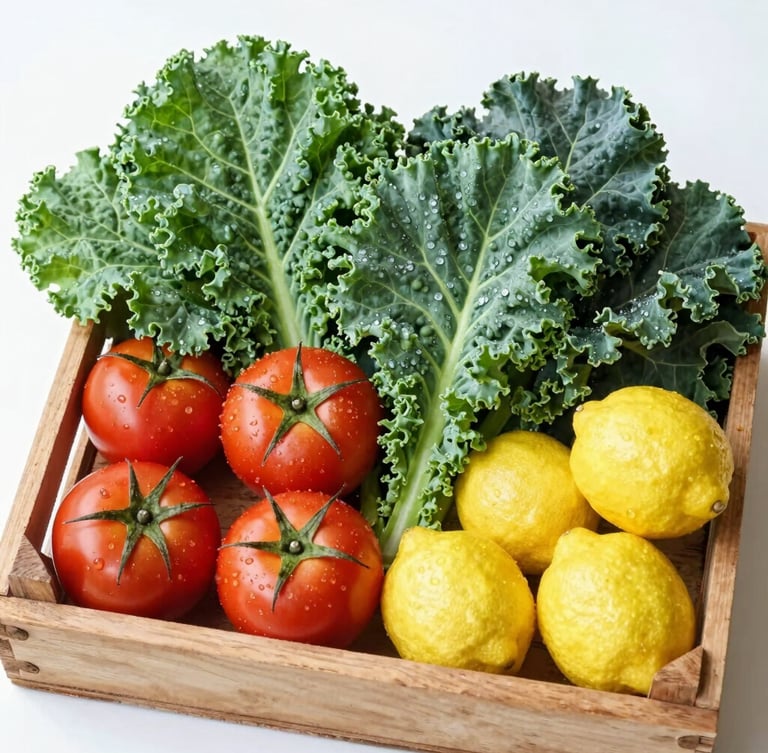 Overhead shot of a rustic wooden crate filled with vibrant, dew-kissed green kale, bright red tomatoes, and fresh yellow lemons under bright natural morning daylight.