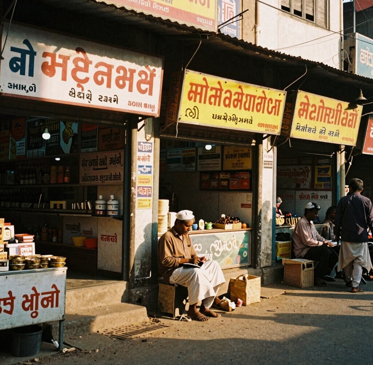 Raw editorial street photography of a bustling market in Indore, warm golden-hour sunlight casting long shadows on hand-painted shop signs, 35mm film grain, candid framing of a local vendor.