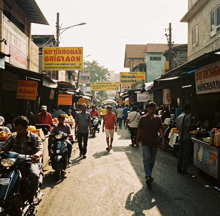 Wide environmental 35mm film shot of a bustling Mumbai street market in harsh afternoon sunlight, hand-painted signs, warm golden tones, candid framing.