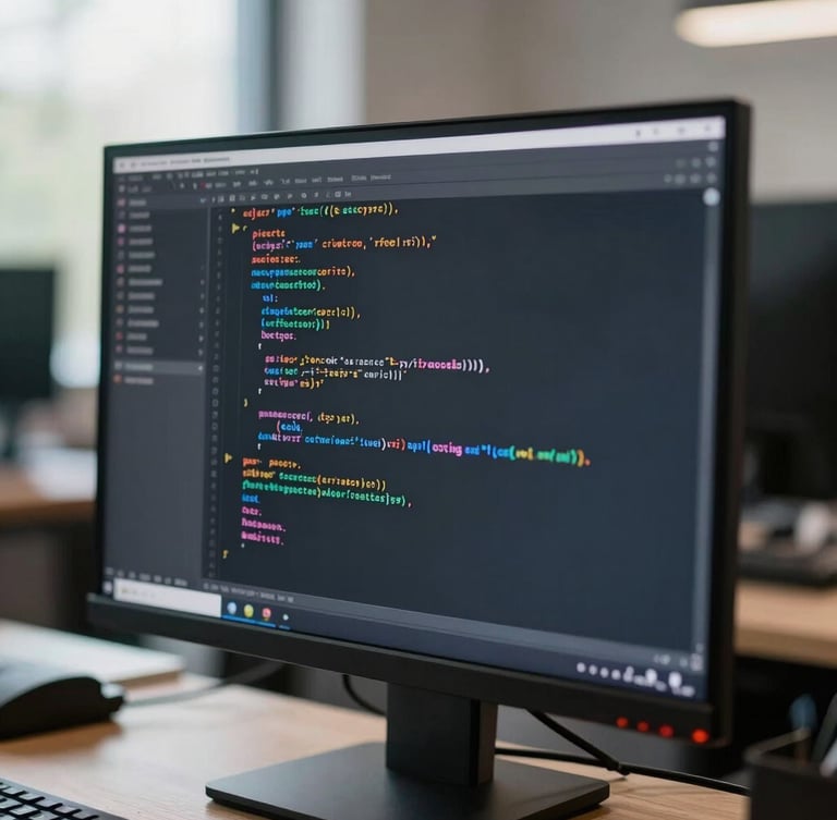 A close-up of a developer workstation showing clean analytics code on a vertical monitor, cool natural office daylight, sharp focus on the syntax.