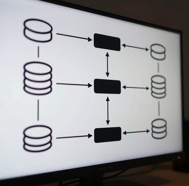 A precise black and white architectural system diagram on a screen, showing clean lines, database nodes, and API gateways, cool-toned ambient light