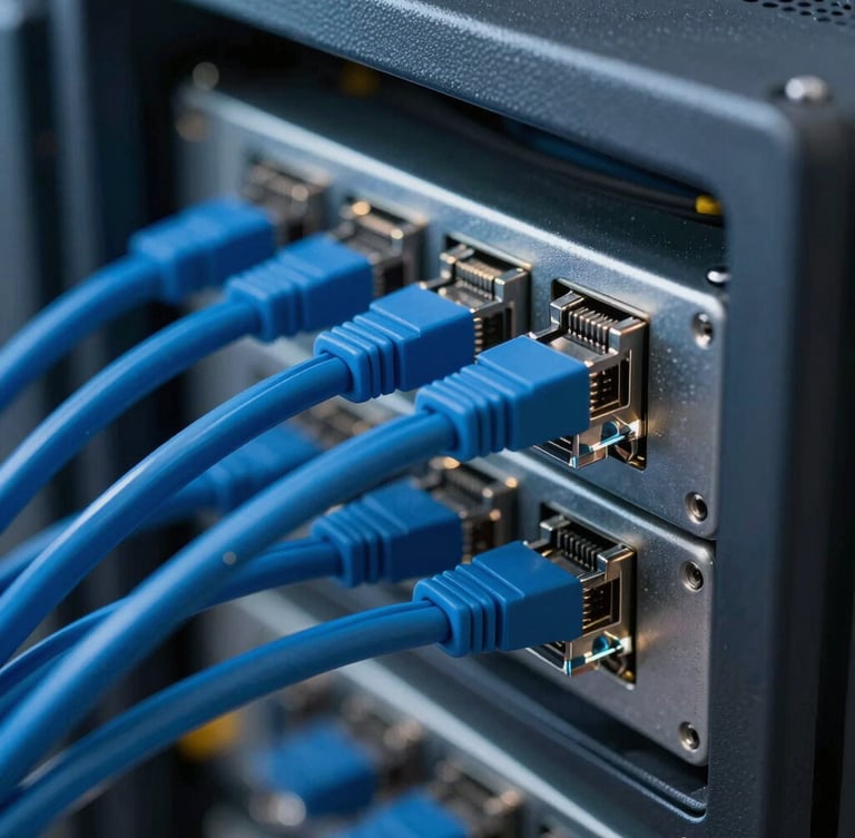 Close-up macro shot of physical enterprise server rack wiring, clean blue ethernet cables, cool-toned ambient light.