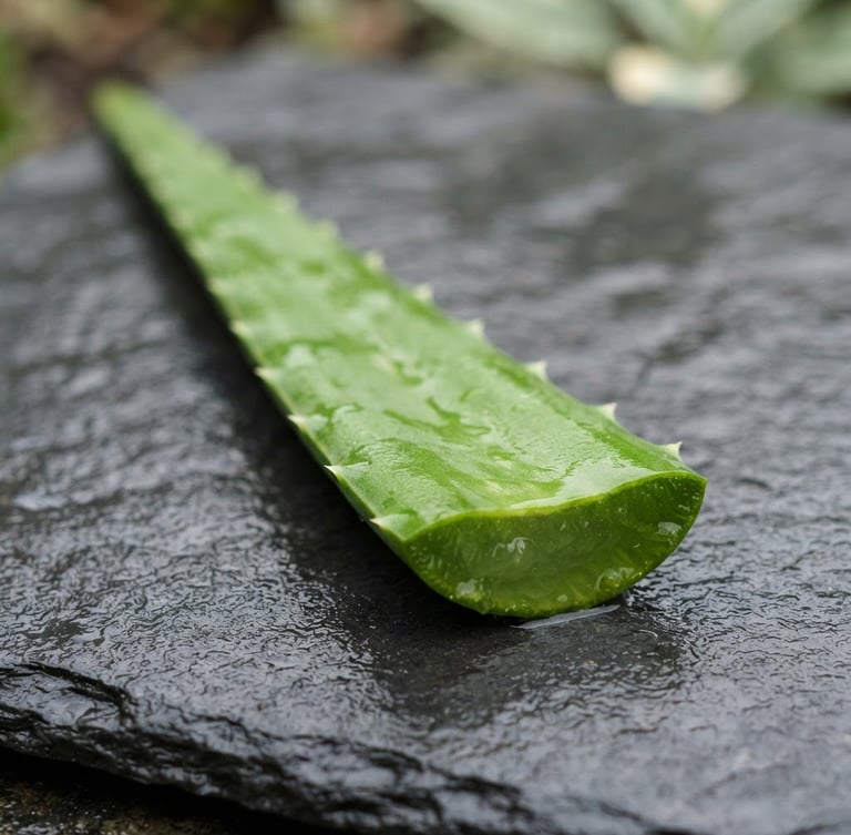 Soft morning light illuminating a single freshly cut aloe leaf on wet stone, clean product photography, shallow depth of field