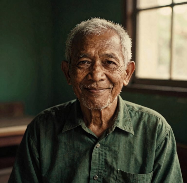 Atmospheric environmental portrait of a Malay elder smiling gently, warm nostalgic lighting, rich sepia and deep forest green tones, 35mm film grain