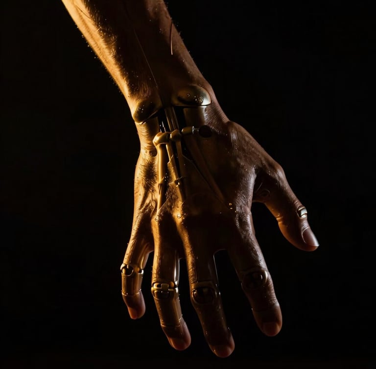 Dramatic close-up of precise biomechanical movement under golden rim lighting, high-contrast chiaroscuro, dark background.