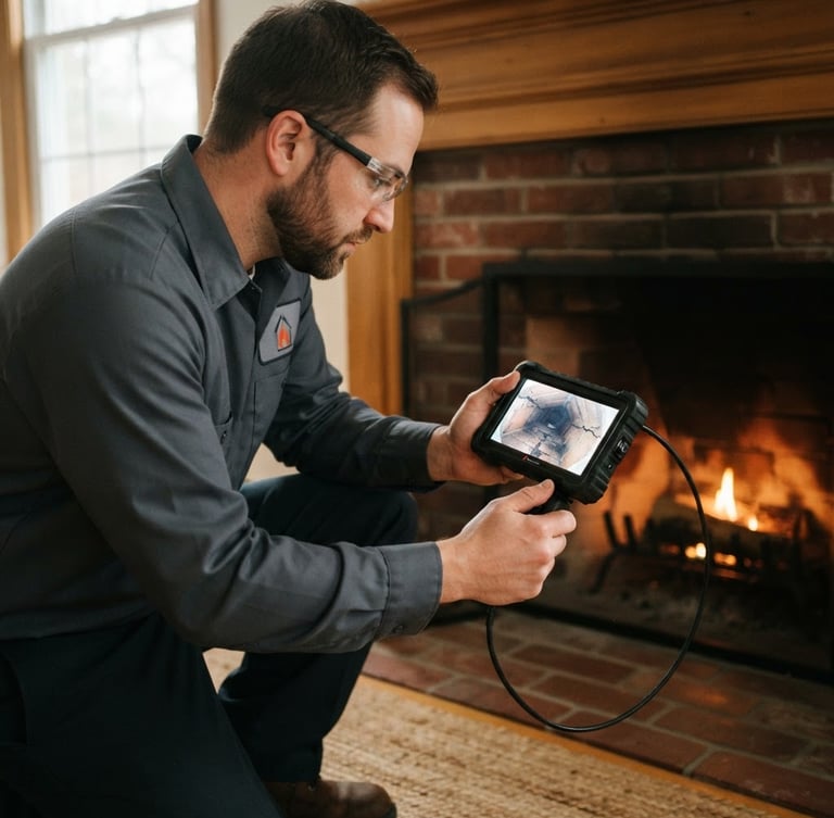 Close-up of a technician in a clean uniform performing a detailed video scan of a chimney flue, screen showing crisp internal details, warm ambient hearth-light, 35mm lens, crisp details, natural overcast Massachusetts daylight