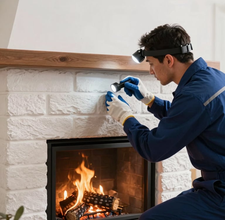 A certified chimney sweep technician in a clean uniform, wearing gloves, carefully inspecting a fireplace with a bright headlamp, warm ambient light from the hearth, clean masonry visible.