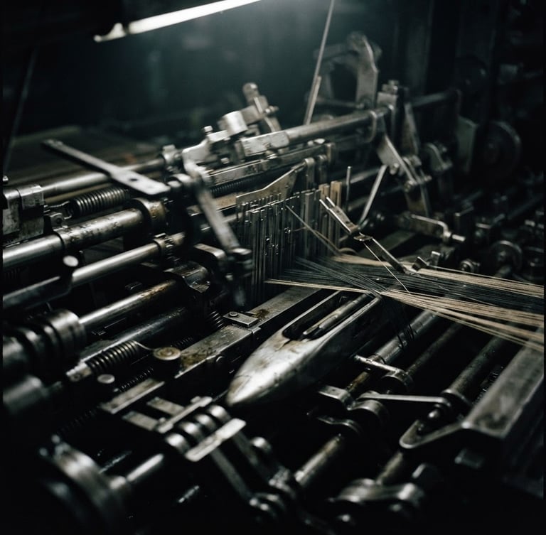 Extreme macro close-up of a heavy industrial loom in motion, silver steel parts, single directional light, deep shadows, moody industrial photography