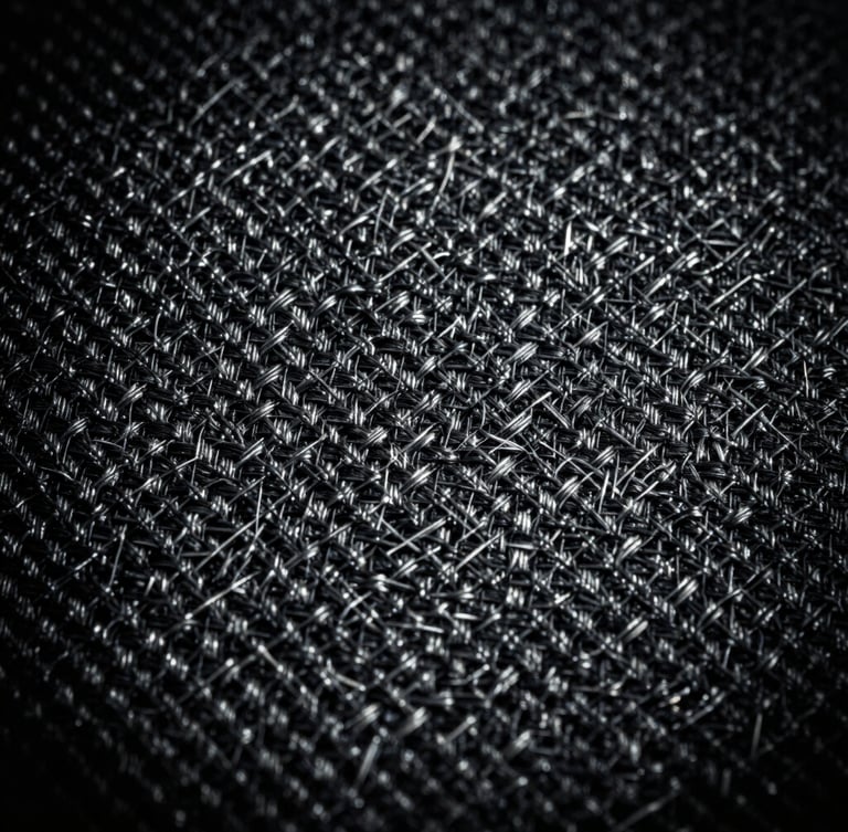Extreme macro shot of a tight, high-contrast fabric weave, deep charcoal and silver threads, dramatic chiaroscuro lighting, 35mm photography