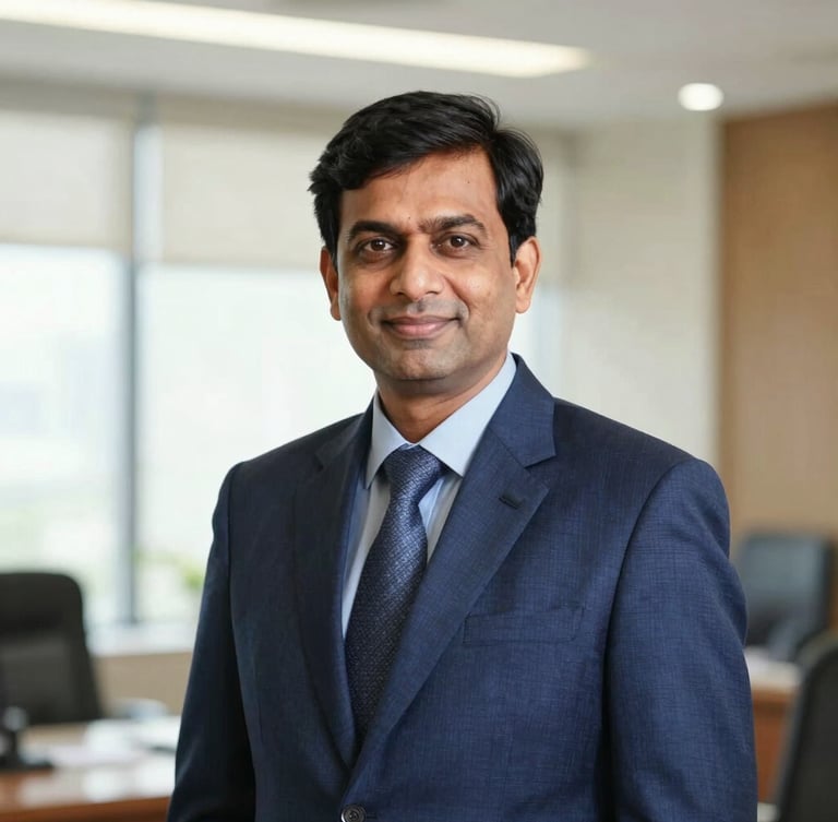 Dignified portrait of a modern Indian advocate in professional attire, bright natural daylight, clean office background, 35mm