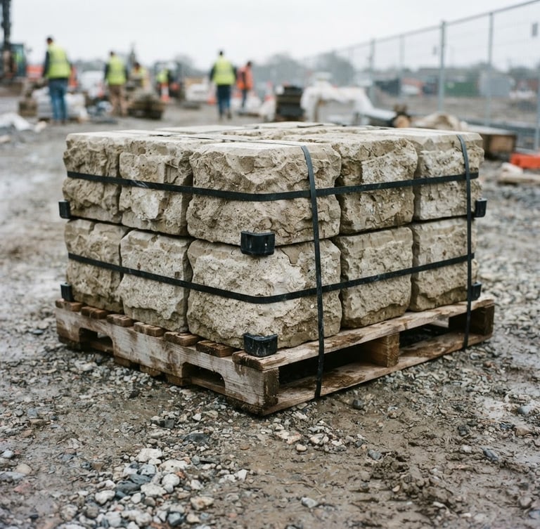Close-up of a heavy timber pallet loaded with hand-cast stone pier caps, strapped securely with steel bands, parked on a gravel construction site under overcast daylight.