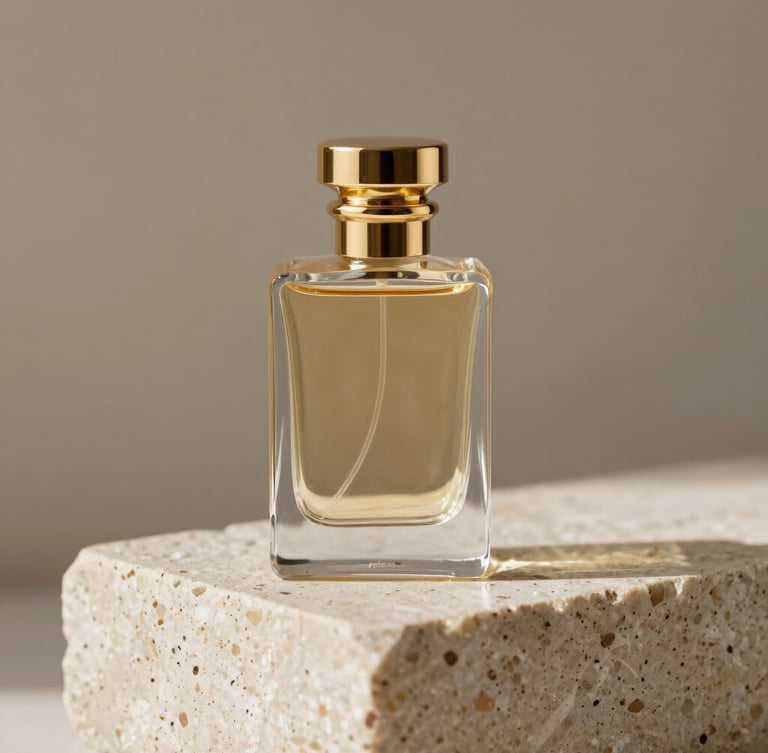 A single luxury perfume bottle with a heavy gold cap, sitting on a raw travertine stone block, soft shadows, warm neutral tones
