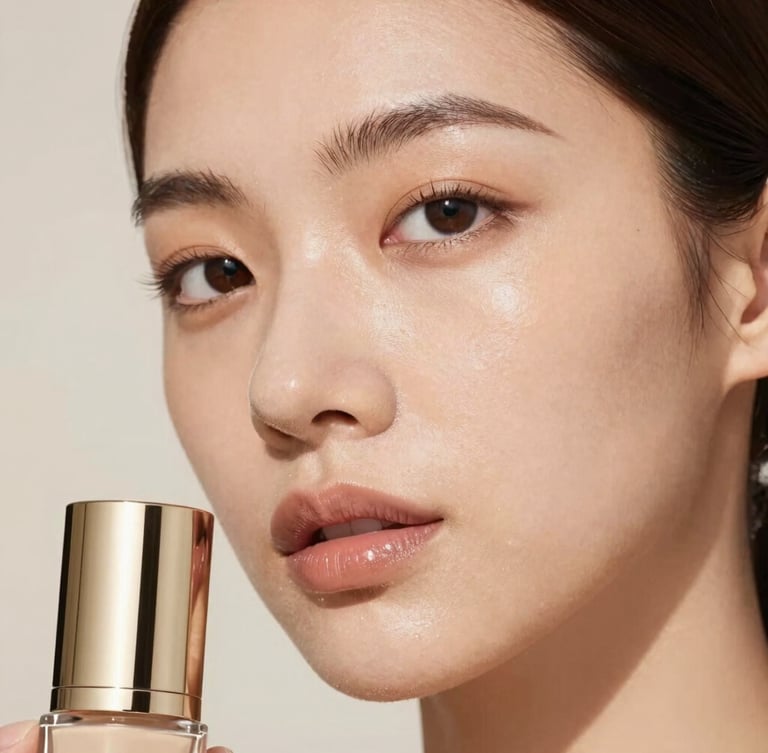 Close-up editorial portrait showcasing natural skin texture and luminous makeup, soft directional studio lighting, warm neutral tones, 85mm lens