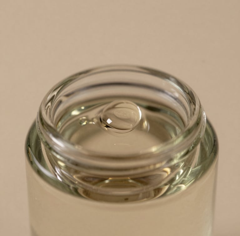 Macro close-up of a luxurious glass bottle reflecting soft studio light, rich oil droplet on the rim, warm neutral tones, high-end editorial, 85mm lens