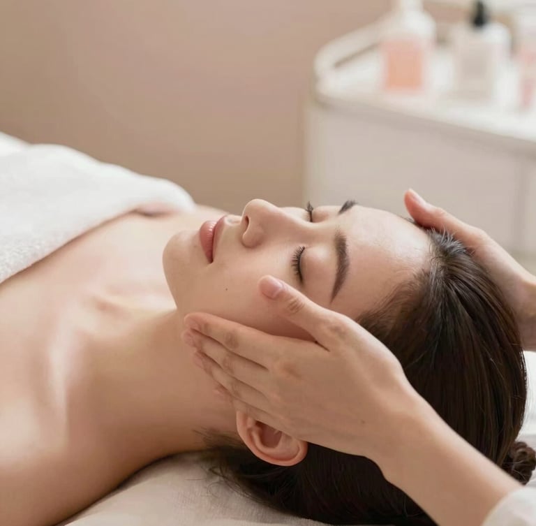 Close-up of gentle hands performing a facial massage, soft warm lighting, elegant aesthetic clinic environment, blush tones, shallow depth of field, 35mm