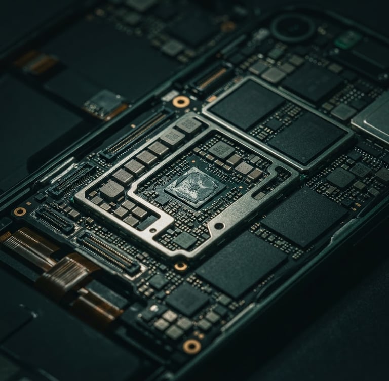Macro close-up of high-end mobile hardware, sharp directional key lights, deep charcoal and emerald green tones, moody technical photography, sharp focus